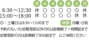 印西市、八千代市、白井市の内科・糖尿病内科・腎臓内科のすこやか内科クリニック印西の診療時間は火～金は8:30～12:30、15:00～18:00、土は8:30～13:00｜月曜、日・祝は休診 ※受付は診療終了15分前まで ※定期の採血受付は診療終了30分前まで